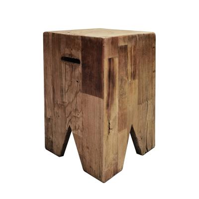 China Old Style Home Furniture Living Room Wooden Rustic Antique Reclaimed Square Solid Wood Recycled Old Elm Stool For Homestay for sale