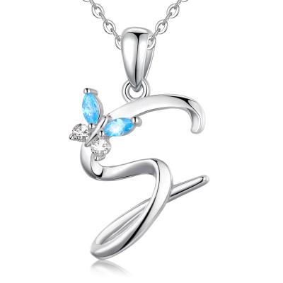 China Women's 925 Sterling Silver Blue Zirconia Initial Letter Pendant Necklace Nickel Free With Butterfly for sale