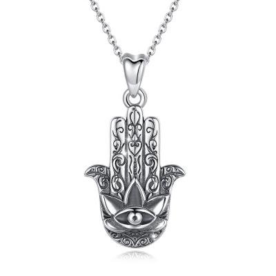 China Environmental Friendly 925 Sterling Silver Hamsa Charm Pendant Necklace Woman's Blue Eye Tasty Evil Hand for sale