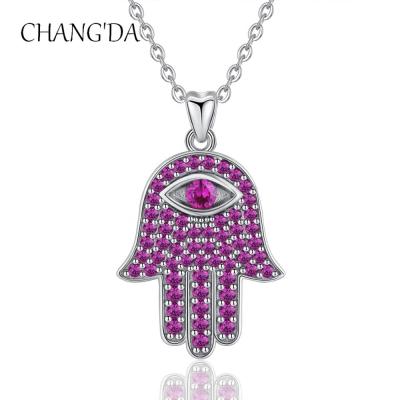 China TRENDY 925 Sterling Silver Mini Small Fatima Evil Blue Eye Hamsa Hand Necklace Pendant for sale