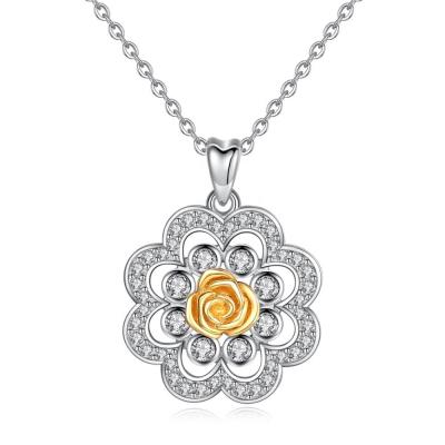 China Fashion 925 Sterling Silver Cubic Zirconia Gold Plated Rose Flower Pendant Necklace for sale