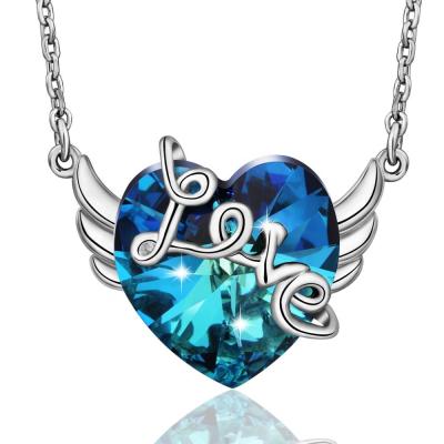 China Environmental Friendly 925 Sterling Silver CZ Angel's Wing Love Blue Crystal Heart Pendant Necklace for sale