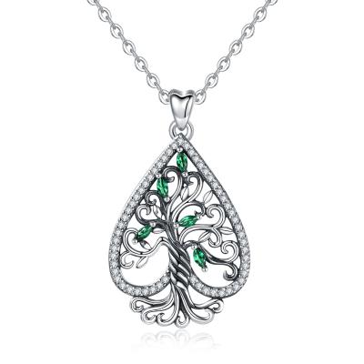 China TRENDY Women's 925 Sterling Silver Green Crystal My Family Tree Of Life Necklace for sale