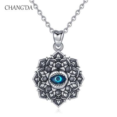 China TRENDY 925 Sterling Silver Retro Vintage Blue Eye Mandala Pendant Necklace for sale