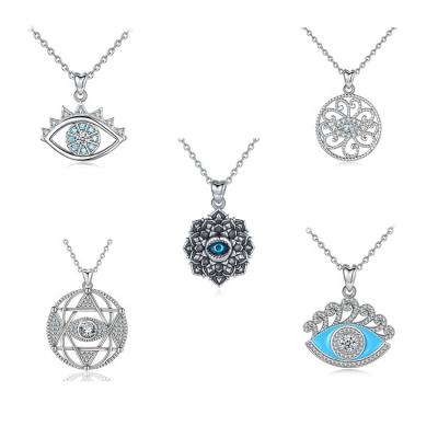 China FASHIONABLE 925 Sterling Silver Blue Turkish Evil CZ Jewelry Devil Hamsa Eye Pendants Necklace for sale