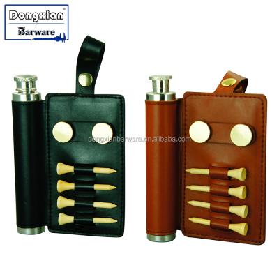 China Eco-Friendly Golf Travel Flask 2oz Hip Flask Tube Gift Set in Leather Coat, Golf Gold Plated Accessories with Flask Tube Set for sale