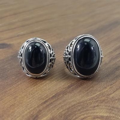 China Vintage 925 Ring Men's Creative Open Black Agate Fashion Silver Ring Retro for sale