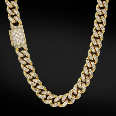 China Cheap CZ Diamond Link Chain Cuban Necklace Cuban Link Box Clasp Cubic Gold Filled Cheap 14k White Gold Chain KRKC Hiphop 12mm Ice- Out For Men for sale