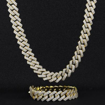 China Hiphop KRKC Wholesale 15mm Hip Hop Jewelry Iced Out CZ Cubic Zirconia Diamond Prong Cuban Link Chain for sale