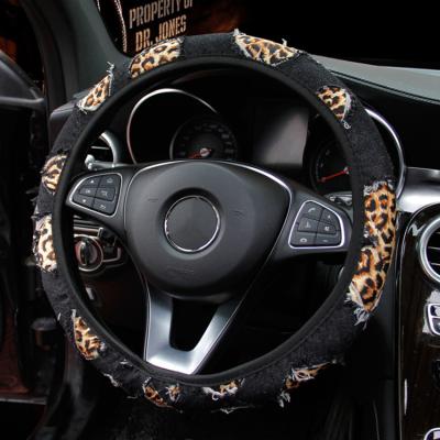 China Fancy QCI066 37cm elastic car denim printing leopard steering wheel cover 40cm high quality fashion without inner ring for sale