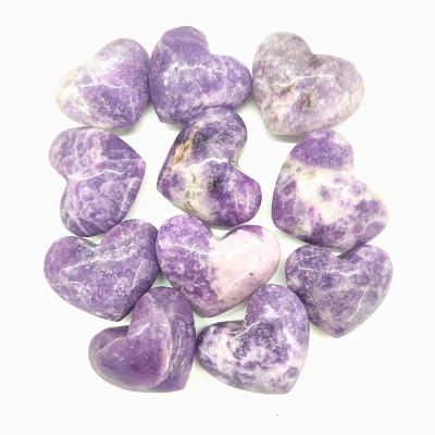 China Natural Lepidolite Love Heart Crystal Folk Crafts Polished Palm Stone 50mm Healing Stone from Europe for Home Decoration for sale