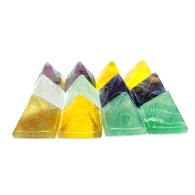 China Europe People Open Natural Crystal 30MM Healing Stone Hand Carving Rainbow Fluorite Eye Pyramid For Home Decoration for sale