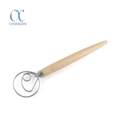 China Sustainable Wooden Handle Manual Stainless Steel Danish Dough Beater for sale