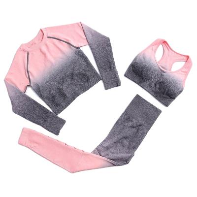 China Breathable Gradient Long Sleeve Yoga Set Women 2021 Gym Set Top High Waist Workout Yoga Equipment Sportswear Breathable Seamless Crop Clothing for sale