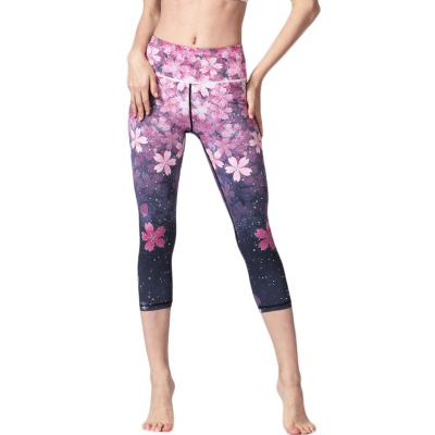 China Hot Selling 3/4 Sports Fitness Gaiters Breathable Women Print Quick Dry Pattern Yoga Leggings High Waist Floral Elastic Polyester for sale