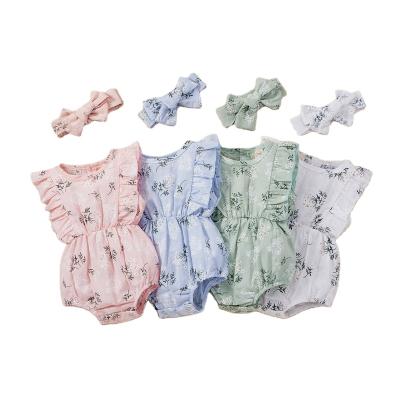 China Comfy Baby Clothes 0-24M 2pcs Babies Princess Rompers Headband Flowers Printed Ruffles Sleeveless Backless Overalls for sale