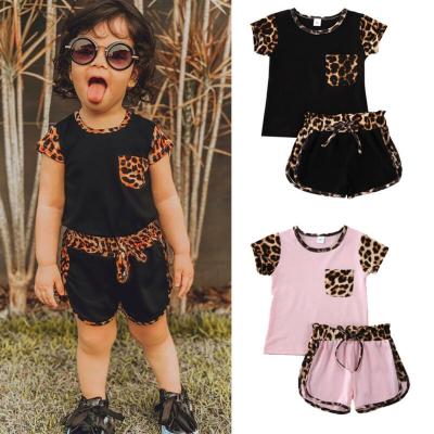 China Toddler Baby Casual Clothing Set Bowknot Shorts Little Girls Cotton Leopard Patchwork Short Top And Sleeve Casual Outfits 2pcs for sale