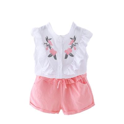 China 2021 New Summer Formal Children's Wear Set Amazon Style Hot Girls Embroidered Flower Sleeveless Top Pink Shorts Set for sale