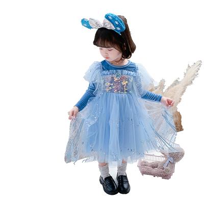 China 2021Spring Long Sleeve Anti-static Elsa Princess Dress Suede Mesh Printing Birthday Princess Christmas Girls Dresses for sale