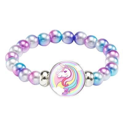 China Simplicity Kids Rainbow Bead Glass Cabochon Unicorn Bracelet For Girls Cartoon Kids Bead 18mm Snap Button Bracelets for sale