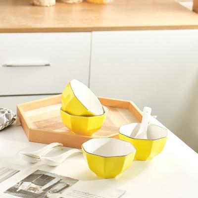 China Wholesale Custom Viable Luster Nordic Yellow Luxury Style Logo Rice Cereal Ceramic Soup Bowl With Gold Rim for sale