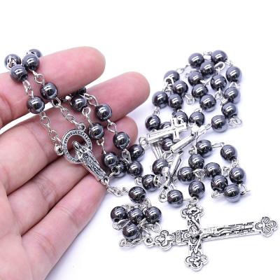 China Religious Black Rosary Beads Natural Hematite Catholic Necklace With Glory Be Metal Beads Miraculous Medal And Cross Crucifix for sale