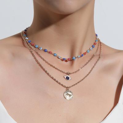 China Triple Layer Retail Jewelry Pendant Necklaces Charm High Quality Resin Blue Evil Eye Choker Necklace for sale