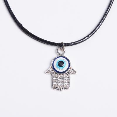 China Religious Black PU Chain With Extend Chain Alloy Hamsa Pendant Gift For Men Turkish Evil Eye Necklace for sale