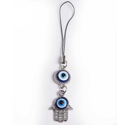 China Mini Alloy Hamsa Pendant Handmade Religious Black String With Blue Evil Eye Phone Hanging For Gifts for sale