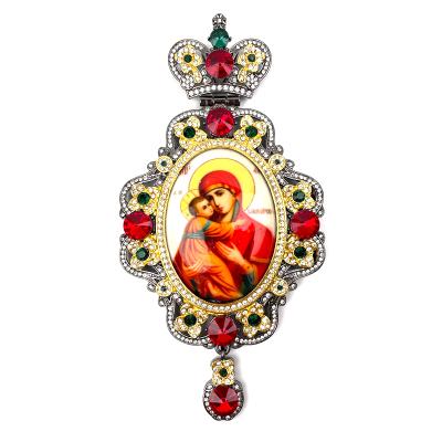 China Latest Religious Russian Ribbon Plated Mary Jesus Pectoral Cross Necklace Greek Orthodox For Church Mass Bishop for sale