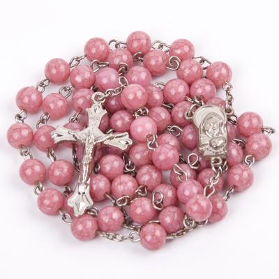 China Religious Factory Rosary Catholic Jesus Necklace 57cm Antique Silver Rosary 8mm Pink Amber Glass Bead Chain for sale