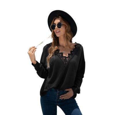 China Autumn new fashion high quality lace anti-pilling v-neck sweater ladies stitching shirt for sale