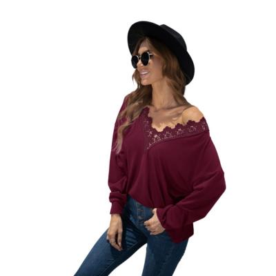 China Anti-pilling factory directly supply ladies lace up v neckline solid color long sleeve tops for sale