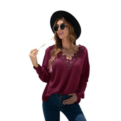 China Hot Selling Casual Lace Ladies Chiffon Lace Trim Solid Color Blouse Anti-pilling Fitted Shirt for sale