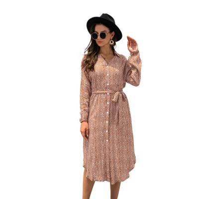 China High Quality Anti-Static Fashion Loose Button V-Neck Sleeve Leopard Shirt Slit Dress Women Long for sale