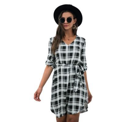 China Long Sleeve V-Neck Anti-Static Plaid Shirt Lace Up Dress Womens for sale