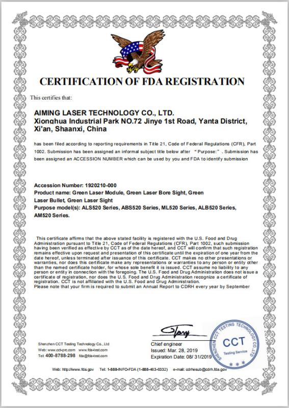 Green Laser Modules FDA Certificate - Aiming Laser Technology Co., Ltd.