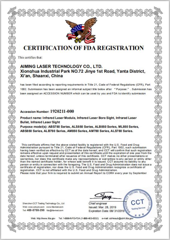 IR Laser Modules FDA Certificate - Aiming Laser Technology Co., Ltd.