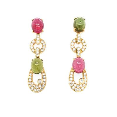 China Made in China Luxury Natural Oval Tourmaline Geometric Design Fashion 18K Yellow and White Gold Elegant Charm Shape Drop Earrings for sale