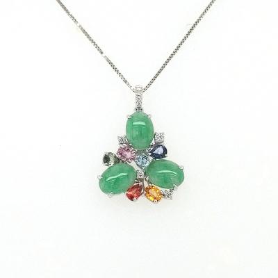 China Charming High Quality Elegant 18K White Gold Set With Oval Shape Jade Color Stones And Diamonds Vintage Design Pendant for sale