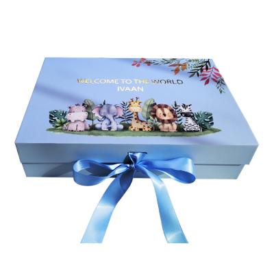 China Recycled Materials Navy Blue Handmade Custom Knitted Baby Clothes Set Baby Gift Box Baby Clothing Paper Packaging Gift Box With Ribbon Closure for sale