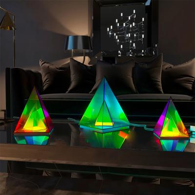 China Art Building Lighting Acrylic Pyramid Triangle Cube Modern Computer Desk Lamp Bedroom Bedside Sleep Night Desk Lights for sale