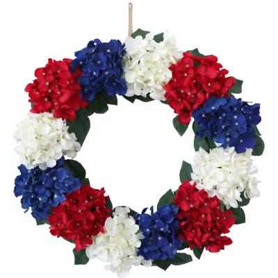 China Beautiful 4th of July Independence Day Wreath Hydrangea Flower Artificial Patriotic American Flag Wreath Colorful White and Blue Red Decor for sale