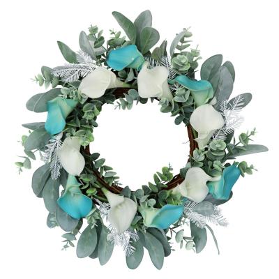 China Beautiful Colorful High Quality White Wedding Round Artificial Rattan Ring Lily Wreath Eucalyptus Leaf Green Spring Door Garland Flowers for sale