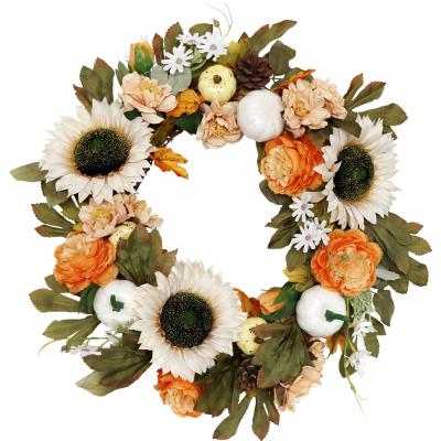 China Beautiful Custom Colorful Fall Wreath Harvest Thanksgiving Wreath For Front Door Decoration Artificial Flower Pumpkins Maple Leaf Sunflower for sale