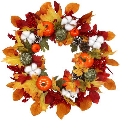 China Beautiful Colorful Artificial Halloween Autumn Wreath Harvest Thanksgiving Wreath for Front Door Decoration with Pumpkins Maple Leaf for sale