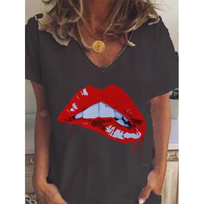 China New Products Breathable Warm Casual V-Neck Summer Solid Color Printed Short Sleeve T-shirt Short Sleeve Top Women for sale