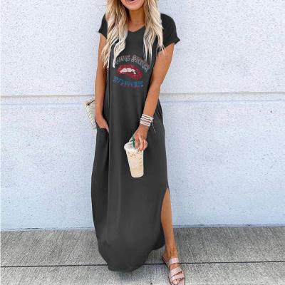 China Anti-Static Factory Directly Sell Letter Print Slit Hem Long Skirt Women Casual Loose T-shirt Ladies Short Sleeve for sale