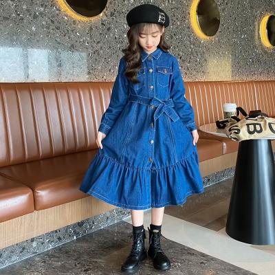 China New Product Breathable Elegant Long Sleeve Loose A-Line Dress Dark Wash Belted Denim Dresses for sale