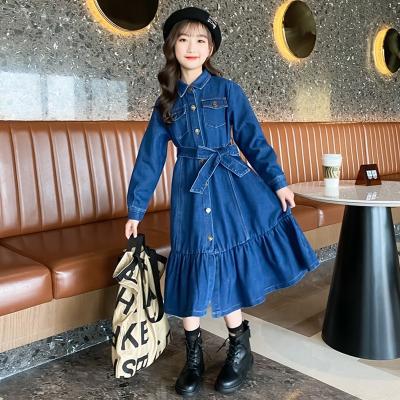 China Washable Hot Summer Selling Long Sleeve Belted Dresses Denim Mid Length Retro Skirt Blue Dress for sale